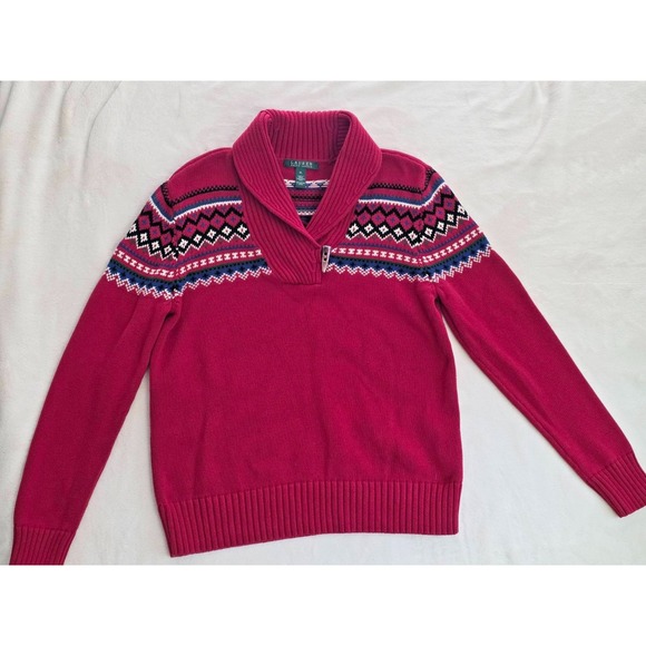 Lauren Ralph Lauren Women's Sweater Size XL Red Shawl Collar Fair Isle Toggle - Picture 2 of 15